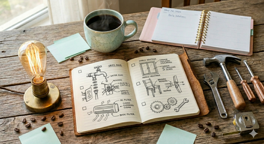 Composición organizada sobre una mesa con herramientas de reparación, un cuaderno de guías prácticas, representando soluciones diarias y trucos del hogar